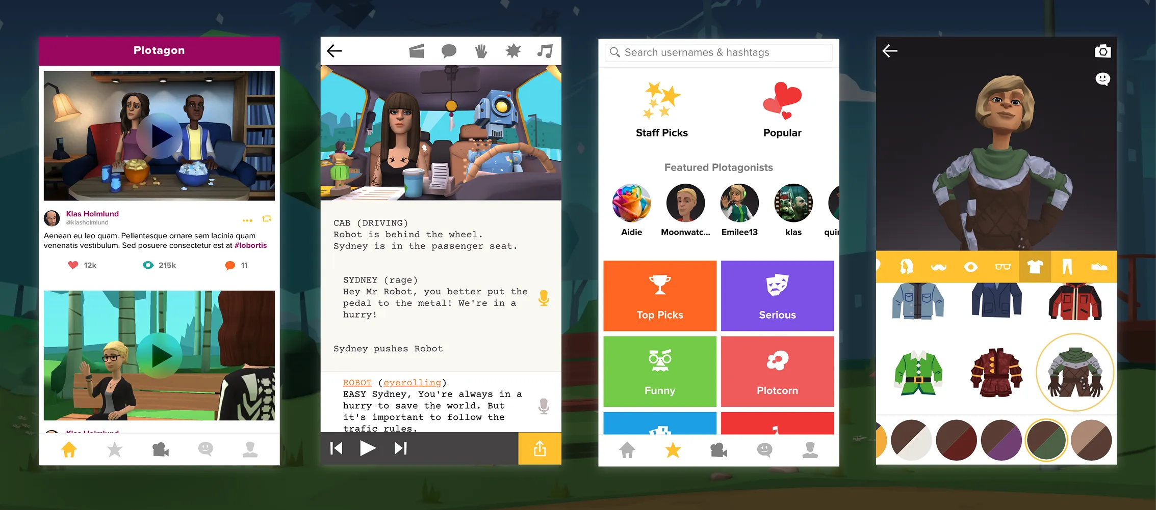 The different app views from Plotagon